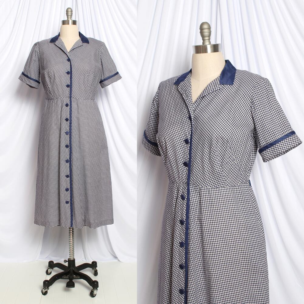 Vintage 1950s Dress 50s Blue Gingham Cotton Shirtwaist Midi Day large XL volup